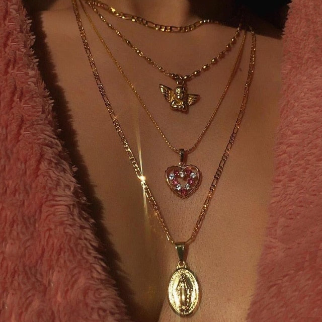 Angel - Heart - Pink Crystal Necklaces